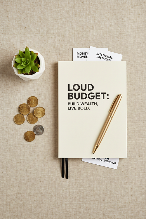 Flat lay of a budget planner, pen, coins and plant on a neutral background